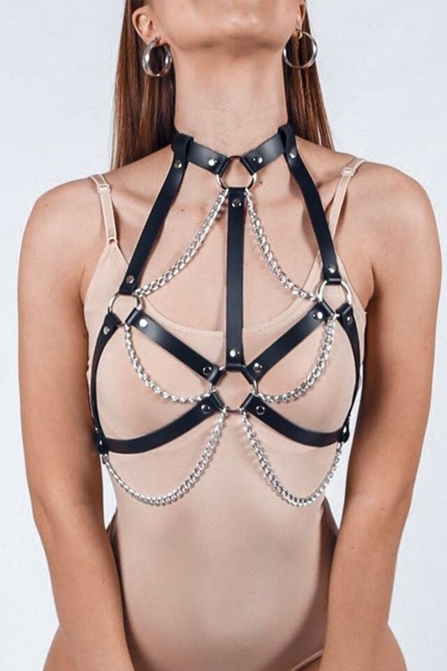 Fantasy Harness Leather Bra with Neck Chain