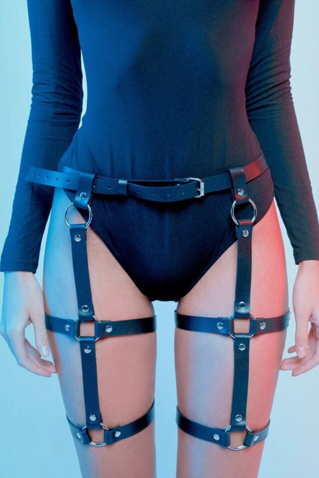 Double Row Ringed Leather Fantasy Harness Garter